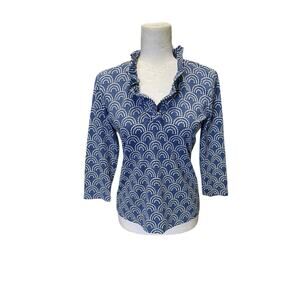 J Mclaughlin Durham Top Small Ruffle Catalina Cloth 3/4 Sleeve Blue Arch Print